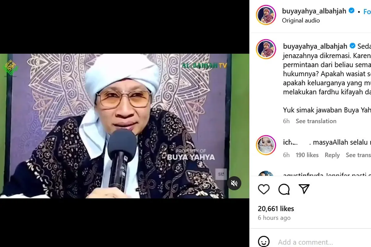 Unggahan Buya Yahya soal hukum jenazah mualaf yang dikremasi. (Instagram/ buyayahya_albahjah)
