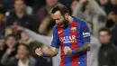 Ekspresi pemain FC Barcelona, Aleix Vidal usai mencetak gol ke gawang Las Palmas pada laga La Liga di Camp Nou, Barcelona (14/1/2017). Barcelona menang 5-0. (AP/Manu Fernandez)