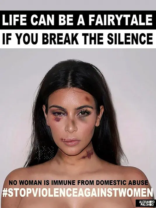 Bintang reality TV, Kim Kardashian ditampilkan dengan wajah lebam seperti habis dipukul. Foto yang diedit itu pun diberi tulisan yang memotivasi wanita untuk melawan tindak kekerasan. (dailymail.co.uk)