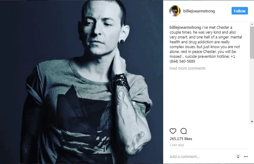 Billie Joe Armstrong kenang Chester Bennington melalui unggahan foto di Instagram