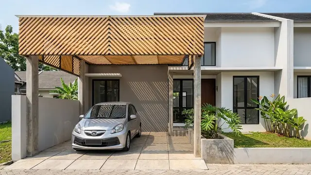 Kanopi Kisi-Kisi Kayu Susunan Diagonal yang Artistik