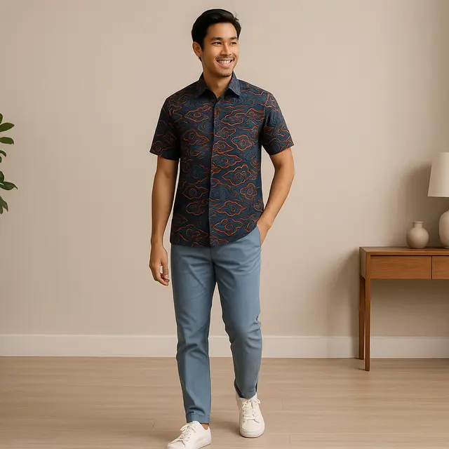 Inspirasi Model Kemeja Lengan Pendek Pria Model Batik Mega Mendung/via ChatGPT