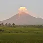 Gunung Semeru menyemburkan asap tipis terlihat dari desa Curah Kobokan di Lumajang, Jawa Timur, Rabu (8/12/2021).  Usai meletus pada Sabtu 4 Desember 2021, Gunung Semeru yang terletak di Lumajang tersebut berstatus level 2 waspada. (ADEK BERRY / AFP)