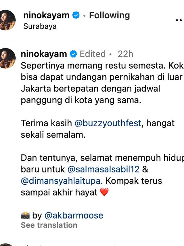 Unggahan Nino vokalis RAN. (Foto: Dok. Instagram @ninokayam)