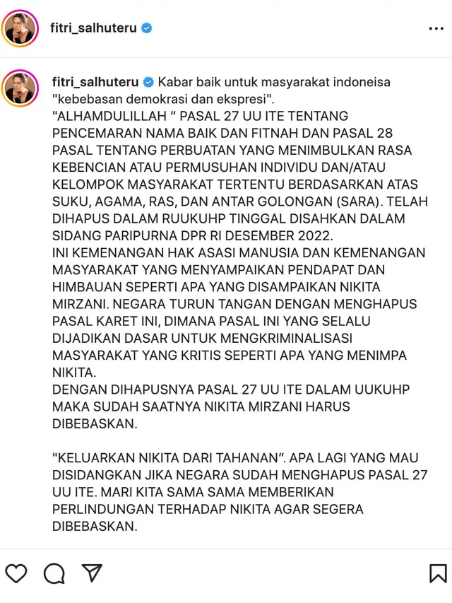 Unggahan Fitri Salhuteru. (Foto: Dok. Instagram @fitri_salhuteru)