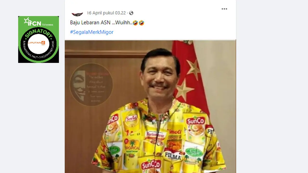 Penelusuran klaim foto Menko Luhut mengenakan baju lebaran ASN bergambar berbagai kemasan minyak goreng