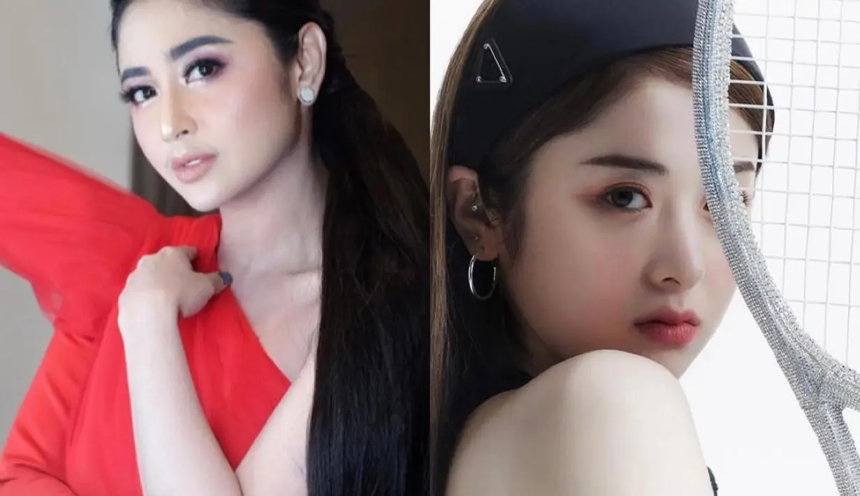 Meski perbedaan usia Yunjin dan Dewi Perssik cukup jauh, keduanya sama-sama memiliki wajah dan senyum yang manis. Bagaimana menurutmu, Sahabat Fimela? (Instagram/dewiperssik96/le_sserafim).