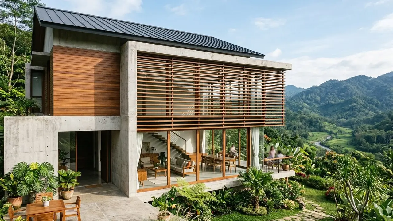 Gambar Fasad Rumah Minimalis dengan Kombinasi Kayu dan Beton