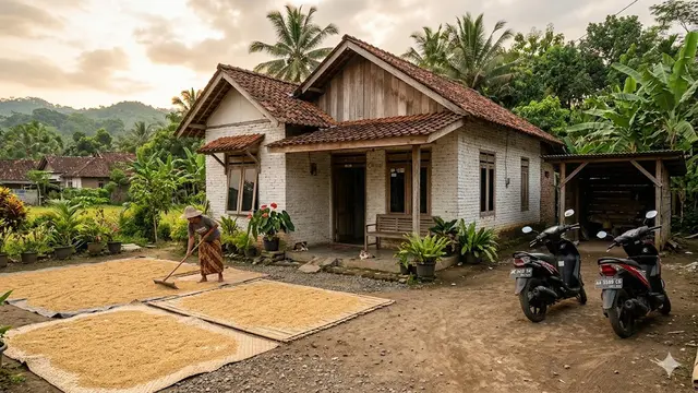 Model Rumah Kampung dengan Halaman Depan untuk Jemur Padi dan Parkir Motor