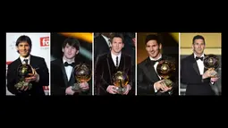 Saat meraih trofi Ballon d'Or untuk yang pertama kalinya pada 2009 hingga yang keempat kalinya pada 2012, ditambah gelar kelima pada 2015, kesemuanya bersama Barcelona, Lionel Messi tampil klimis tanpa kumis. (Kolase Foto AFP)