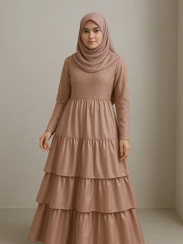 Model Gamis Brokat Kombinasi Satin untuk Wanita Berhijab Syar’i