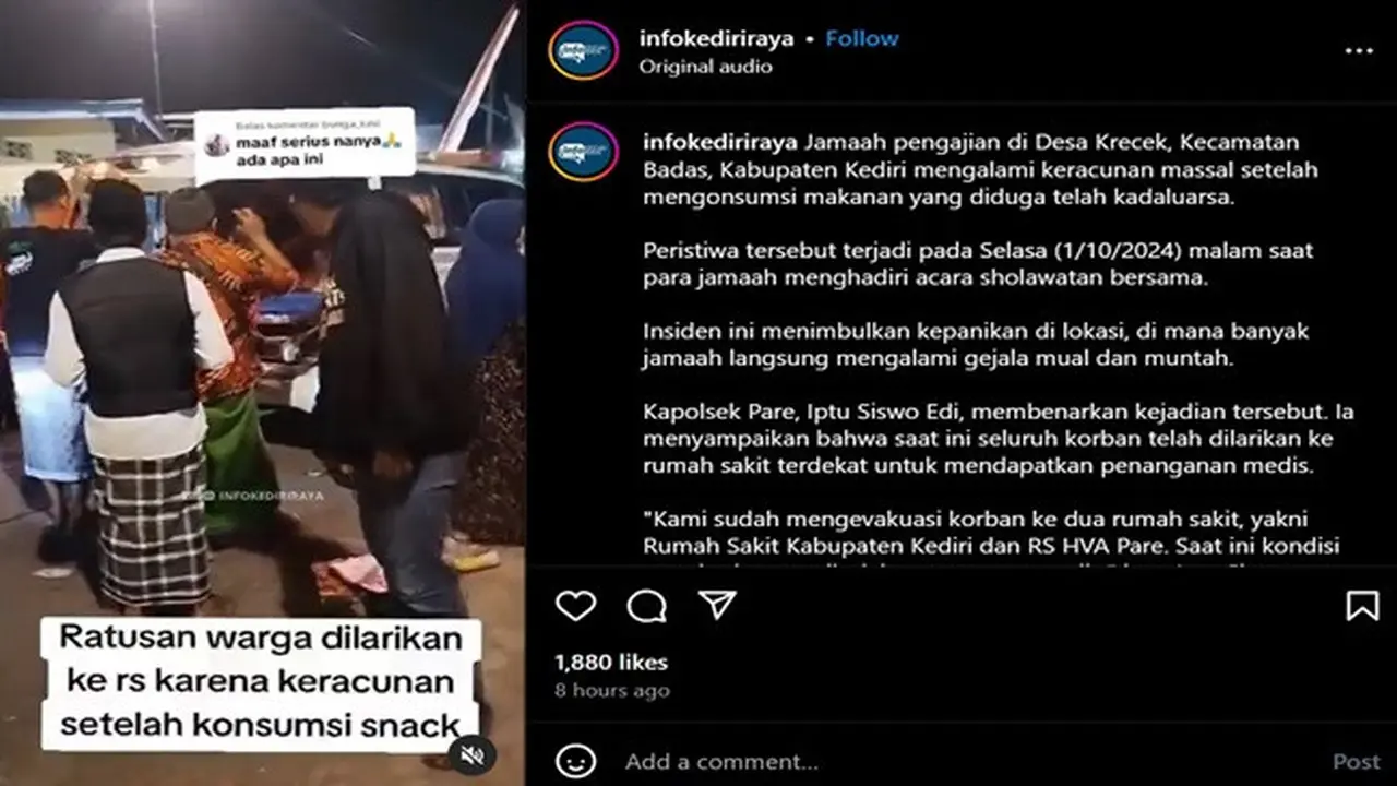 Korban diduga keracunan usai mengonsumsi jajanan atau camilan yang dibagikan oleh panitia peringatan Maulid Nabi Muhammad SAW di Desa Krecek, Kecamatan Badas, Kabupaten Kediri, Jawa Timur. (Instagram @infokediriraya)