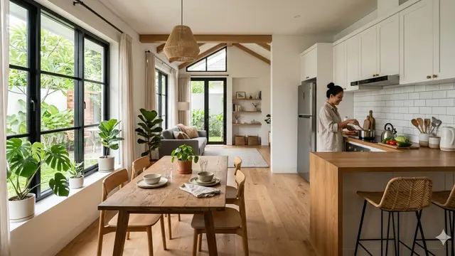 Rumah Mungil Type 45 dengan Dapur Terbuka Menyatu Ruang Makan (Foto: Gemini AI)