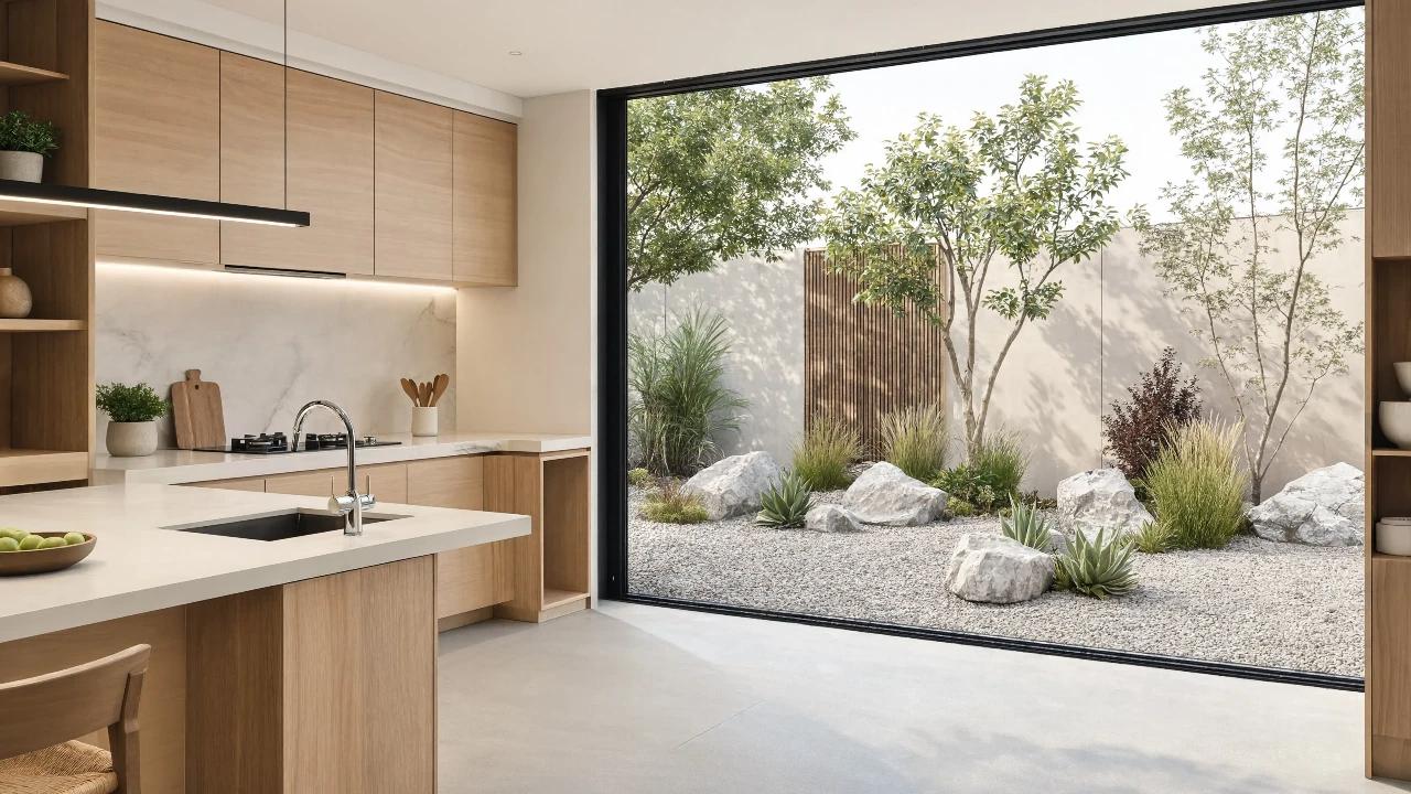 6 Ide Dapur Minimalis dengan Taman Kering di Belakang Rumah, Bikin Ruang Masak Lebih Segar