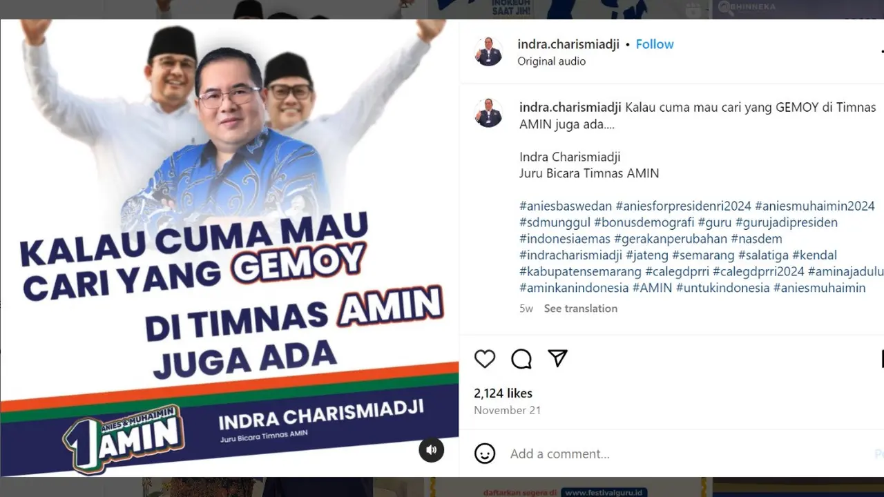 Juru Bicara Tim Nasional (Jubir Timnas) Pemenangan Anies Baswedan-Muhaimin Iskandar (AMIN) Indra Charismiadji ditangkap aparat kejaksaan.