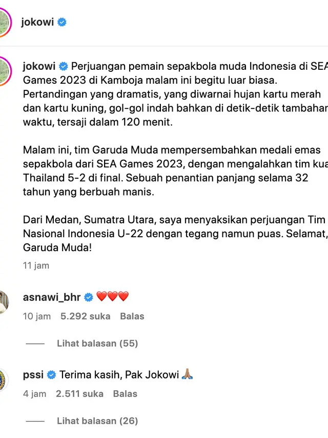 Unggahan Jokowi soal kemenangan Timnas Indonesia U-22 di SEA Games 2023. (Foto: Dok. Instagram @jokowi)