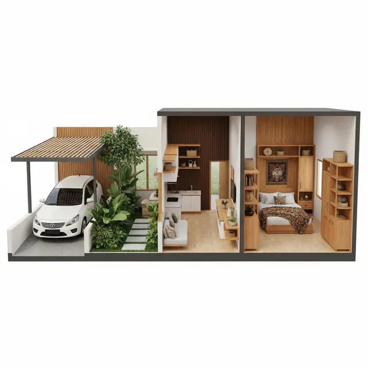 10 Denah Rumah Tipe 36 dengan Carport dan Taman Depan, Minimalis Modern