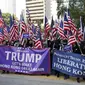 Demonstrasi digelar untuk berterima kasih kepada anggota parlemen dan presiden AS Donald Trump atas dukungannya pada Hong Kong. (AFP)