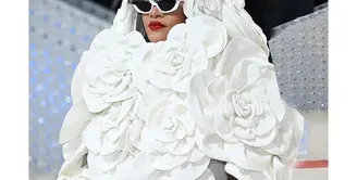 Rihanna memakai gaun sutra dan jubah dengan detail bunga kamelia dari Valentino. [@maisonvalentino]