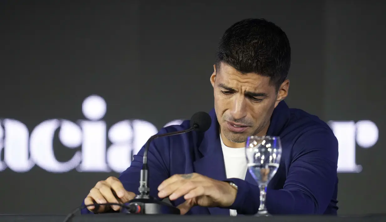 Striker Uruguay Luis Suarez resmi pensiun dari tim nasional pada Selasa, 3 September 2024. (AP Photo/Matilde Campodonico)