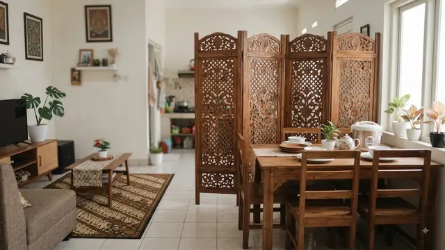 Ide pembatas ruangan untuk rumah kecil menggunakan sketsel berbagai motif unik model motif bunga untuk ruang makan