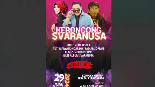 Kemendikbudristek melalui Direktorat Perfilman, Musik, dan Media, Direktorat Jenderal Kebudayaan akan menggelar perhelatan Keroncong Svaranusa 2024, kali ini di Purwokerto, Kabupaten Banyumas, Jawa Tengah.