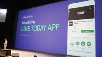 CEO Line Corporation Idezawa Takeshi memperkenalkan aplikasi terpisah Line Today di Line Conference 2018. Liputan6.com/Benedikta Desideria