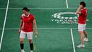 Pasangan Chen Qing Chen dan Jia Yi Fan harus mendapatkan perlawanan sengit dari pasangan Indonesia di gim kedua. Pasangan peringkat ketiga dunia tersebut harus tertinggal 7-11 hingga interval gim kedua. (Foto: AFP/Pedro Pardo)