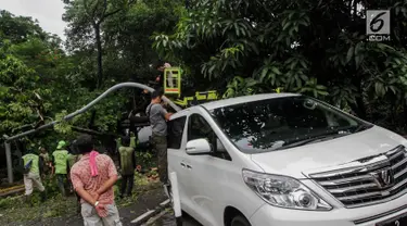 Sebuah mobil tertimpah lampu jalanan di kawasan jalan purworejo Menteng, Jakarta, Senin (27/11). Akibat hujan deras dan angin kencang sebuah pohon tumbang dan lampu jalan mengenai mobil Alphard putih yang terparkir. (Liputan6.com/Faizal Fanani)