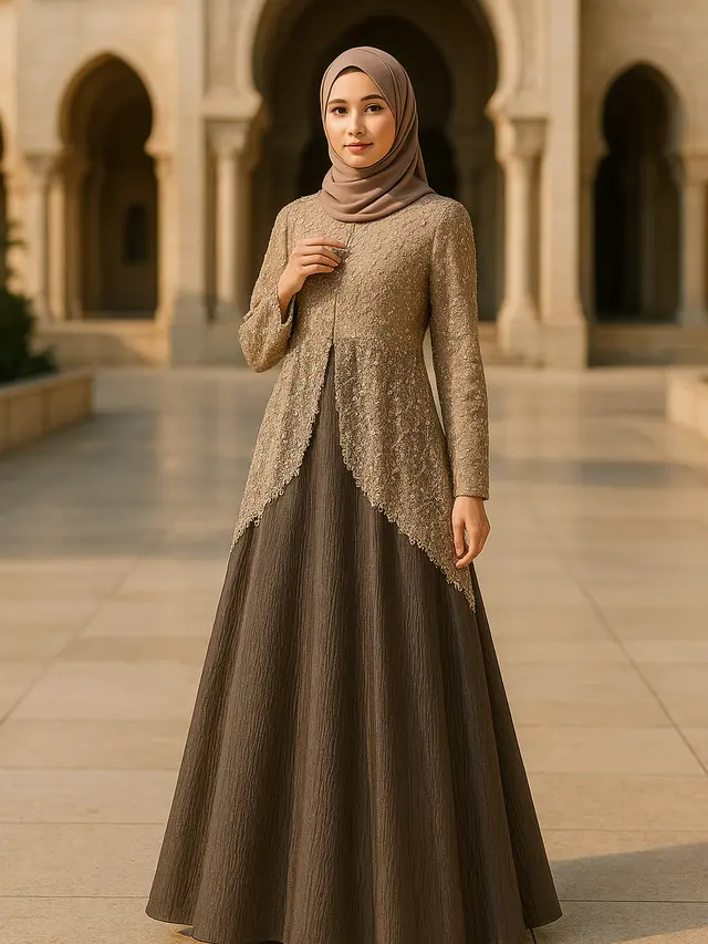 Model Gamis Syari A-Line Kombinasi Brokat Modern