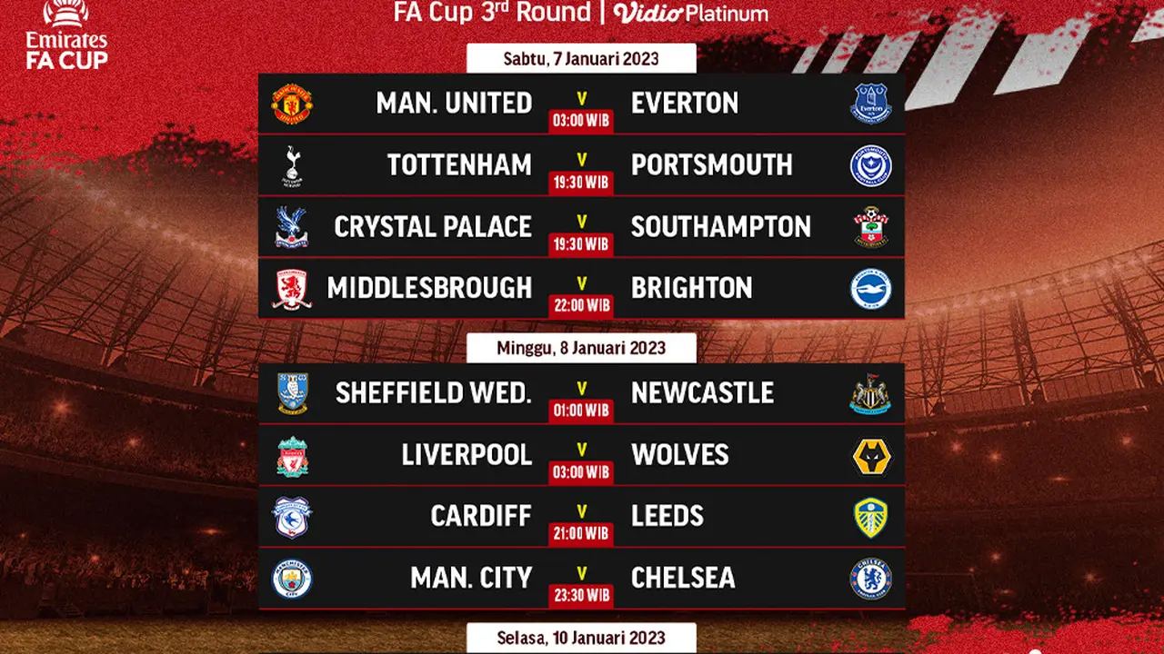 Jadwal dan Live Streaming Piala FA Putaran Ketiga di Vidio, 7-10 Januari 2023