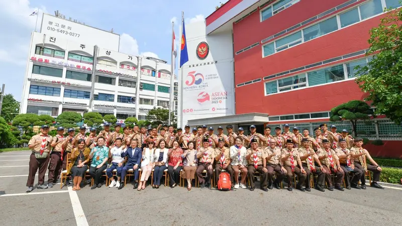 Duta Besar Indonesia untuk Korea Selatan, Gandi Sulistiyanto menyambut kehadiran anggota pramuka asal Indonesia yang siap mengikuti Jambore Dunia di Seoul, Korsel (KBRI Seoul).