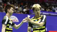 Gandan putra Indonesia, Kevin Sanjaya Sukamuljo (kiri)/Marcus Fernaldi Gideon, ketika menghadapi  Wahyu Nayaka Arya Pankaryanira/Ade Yusuf Santoso pada China Terbuka 2018 (doc. PBSI).