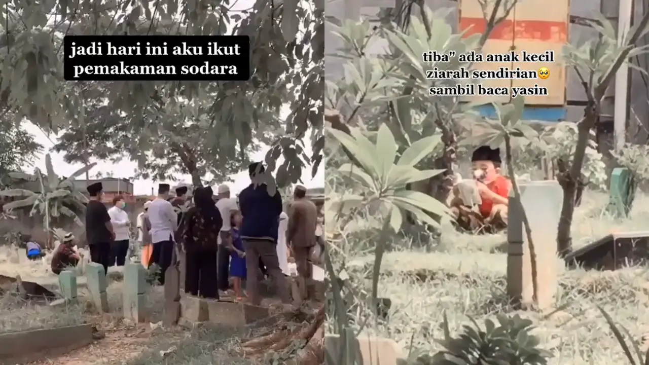 Potret seorang anak baca surat Yasin saat jalani ziarah kubur jelang Ramadan.