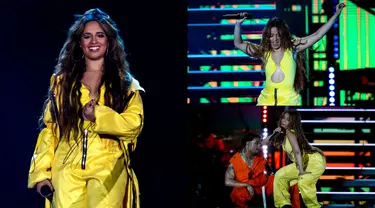 Kolase foto memperlihatkan saat Camila Cabello tampil pada festival musik Rock in Rio di Rio de Janeiro, Brasil, 10 September 2022. Penampilan Camila Cabello adalah salah satu yang paling ditunggu dari akhir pekan kedua Rock in Rio 2022. (AP Photo/Bruna Prado)