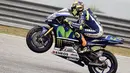 Pebalap Movistar Yamaha, Valentino Rossi, mengangkat ban depan pada sesi latihan MotoGP Malaysia di Sirkuit Sepang International, Malaysia. (AFP/Manan Vatsyayana)