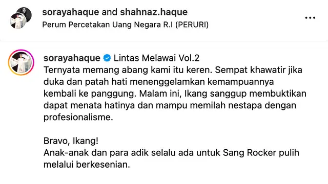 Unggahan Soraya Haque. (Foto: Dok. Instagram @sorayahaque)
