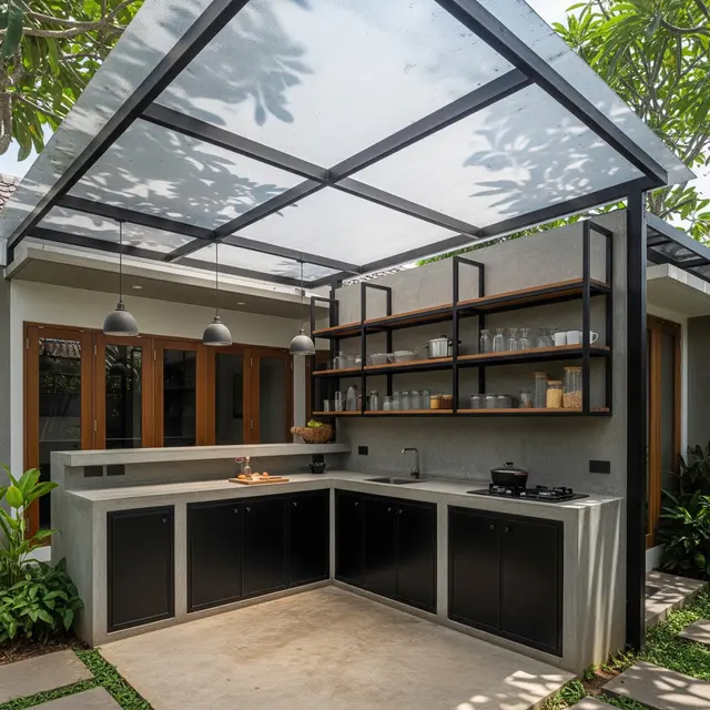 Desain Dapur Belakang Rumah dengan Atap Transparan
