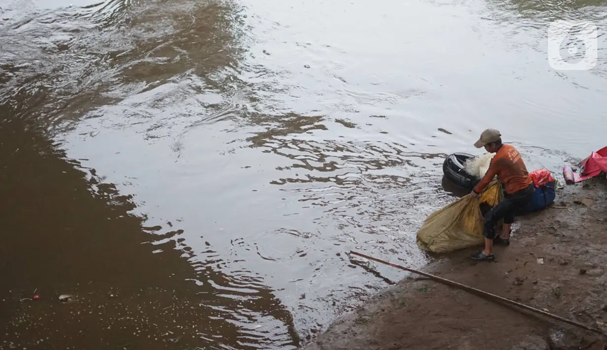 Petugas mengambil sampah dari pinggir aliran Sungai Ciliwung kawasan Rawajati, Jakarta, Selasa (17/12/2019). Hujan deras yang mengguyur Jakarta sejak siang menyebabkan debit air Sungai Ciliwung mulai mengalami kenaikan, namun masih terpantau normal. (Liputan6.com/Immanuel Antonius)