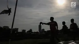 Warga berlatih burung dara kolong lapak tanggul di pesisir Banjir Kanal Barat, Petamburan, Tanah Abang, Jakarta, Rabu (27/2). Latihan yang digelar setiap sore ini diikuti sejumlah komunitas burung dara. (Liputan6.com/Fery Pradolo)