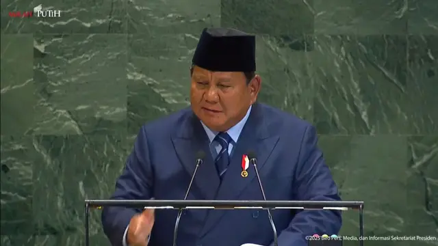 Presiden Prabowo Subianto menyampaikan pidato di Sidang Umum Perserikatan Bangsa-Bangsa (PBB) ke-80, Selasa (23/9/2025).