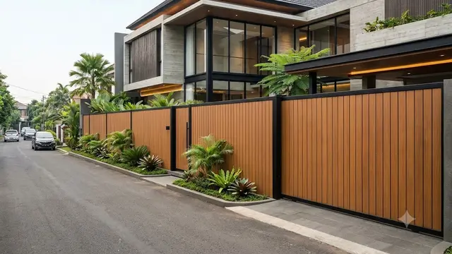 Pagar Panel Solid Kombinasi Kayu atau WPC