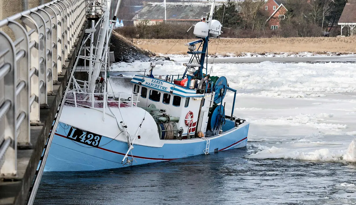 Kapal nelayan saat menabrak Jembatan Anggersudn di perairan dingin di Limfjord di bagian utara Jutland di Denmark (28/2). (AFP Photo/Scanpic Denmark/Henning Bagger)