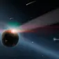 Ilustrasi hujan komet ke planet Bumi purba. (Sumber Jet Propulsion Library NASA)