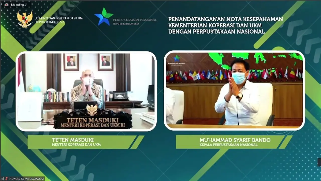 Kementerian Koperasi dan UKM (KemenKopUKM) menandatangani Nota Kesepahaman (MoU) dengan Perpustakaan Nasional (Perpusnas).