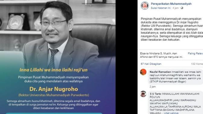 PP Muhammadiyah menyampaikan dukacita atas meninggalnya Dr Anjar Nugroho (Rektor UM Purwokerto) melalui akun facebooknya.