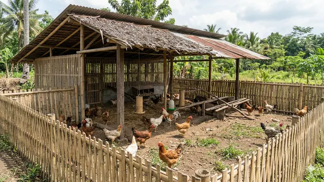 Kandang Ayam Umbaran dengan Pagar Bambu (Foto: Gemini AI)