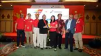 Wakil Ketua PP PBVSI. Djoko Sardono (ketiga kiri) menyerahkan bola kepada Wianda Pusponegoro (Vice President for Corporate Communication PT. Pertamina) saat peluncuran Pertamina Proliga 2016 di Jakarta, Rabu (10/2/2016). (Liputan6.com/Helmi Fithriansyah)