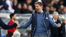 Ekspresi pelatih Hoffenheim, Julian Nagelsmann saat timnya mengalahkan Bayern Munchen pada lanjutan Bundesliga Jerman di Rhein-Neckar-Arena, Sinsheim, Selasa(4/4/2017). Hoffenheim menang 1-0. (EPA/Ronald Wittek)