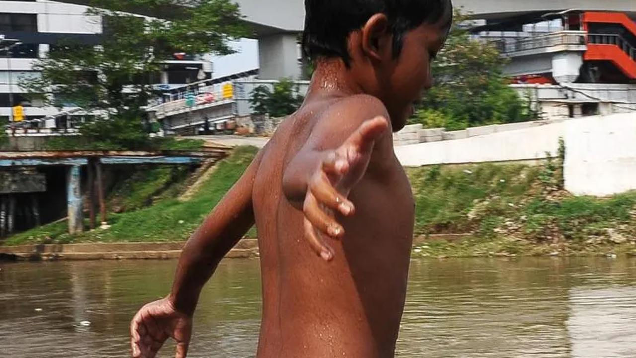 Mereka terlihat meluapkan kegembiraannya dengan melompat ke kali tersebut untuk berenang.
